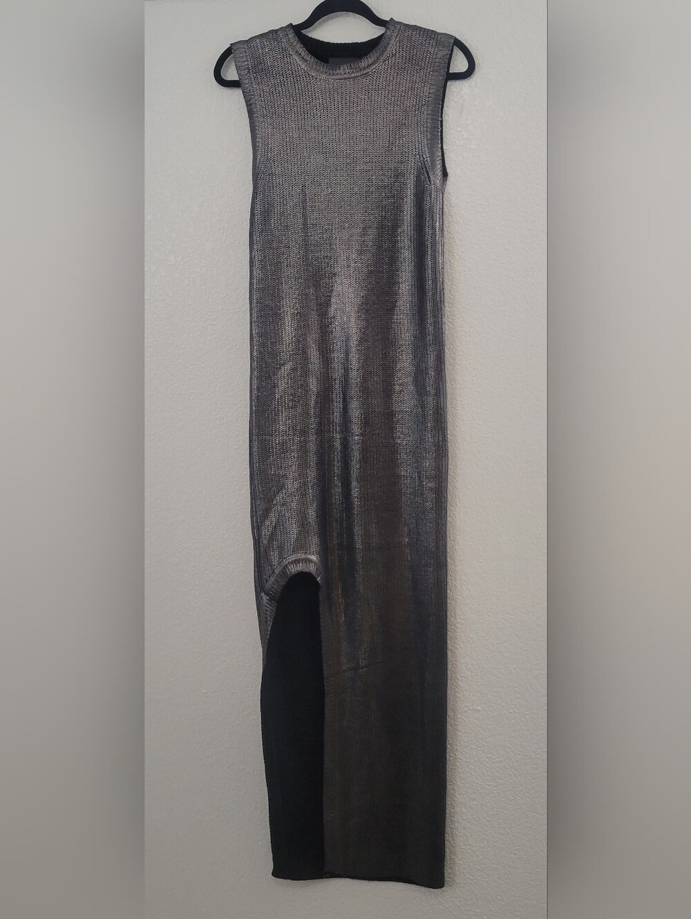 Nightwalker Metallic Knit Maxi Sweater Dress Sleeveless Side Slit Gray Black M